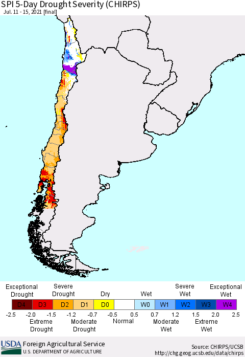 Chile SPI 5-Day Drought Severity (CHIRPS) Thematic Map For 7/11/2021 - 7/15/2021