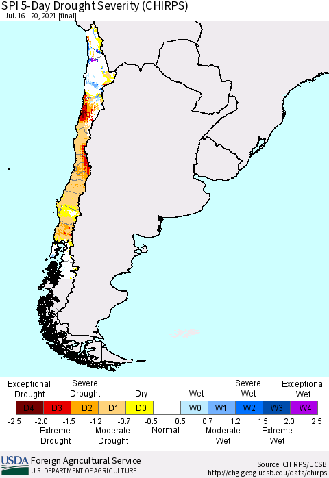 Chile SPI 5-Day Drought Severity (CHIRPS) Thematic Map For 7/16/2021 - 7/20/2021