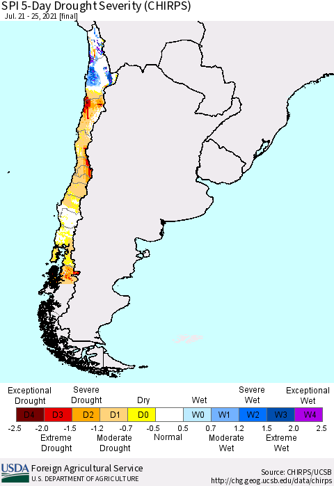 Chile SPI 5-Day Drought Severity (CHIRPS) Thematic Map For 7/21/2021 - 7/25/2021
