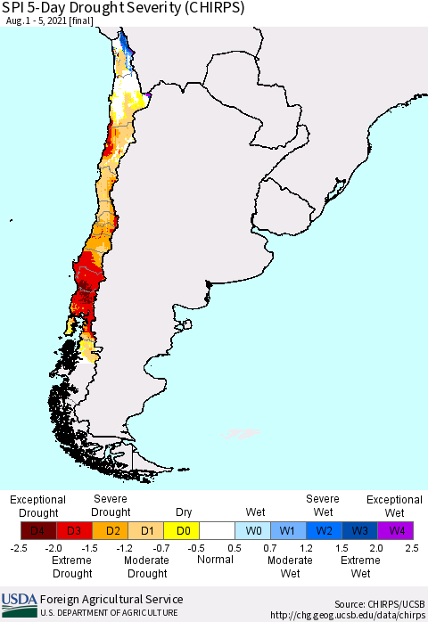 Chile SPI 5-Day Drought Severity (CHIRPS) Thematic Map For 8/1/2021 - 8/5/2021