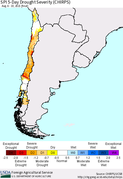 Chile SPI 5-Day Drought Severity (CHIRPS) Thematic Map For 8/6/2021 - 8/10/2021