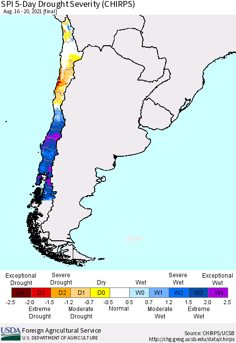 Chile SPI 5-Day Drought Severity (CHIRPS) Thematic Map For 8/16/2021 - 8/20/2021