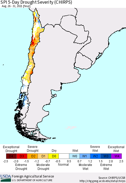 Chile SPI 5-Day Drought Severity (CHIRPS) Thematic Map For 8/26/2021 - 8/31/2021
