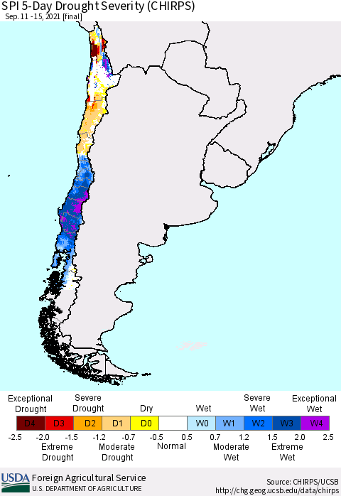 Chile SPI 5-Day Drought Severity (CHIRPS) Thematic Map For 9/11/2021 - 9/15/2021