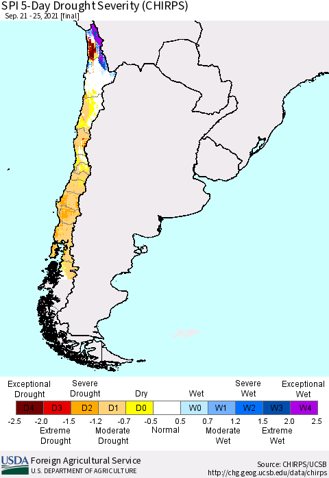 Chile SPI 5-Day Drought Severity (CHIRPS) Thematic Map For 9/21/2021 - 9/25/2021