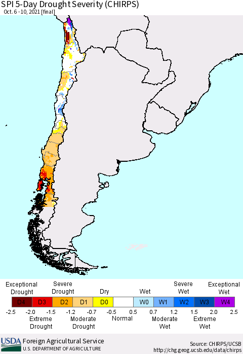 Chile SPI 5-Day Drought Severity (CHIRPS) Thematic Map For 10/6/2021 - 10/10/2021