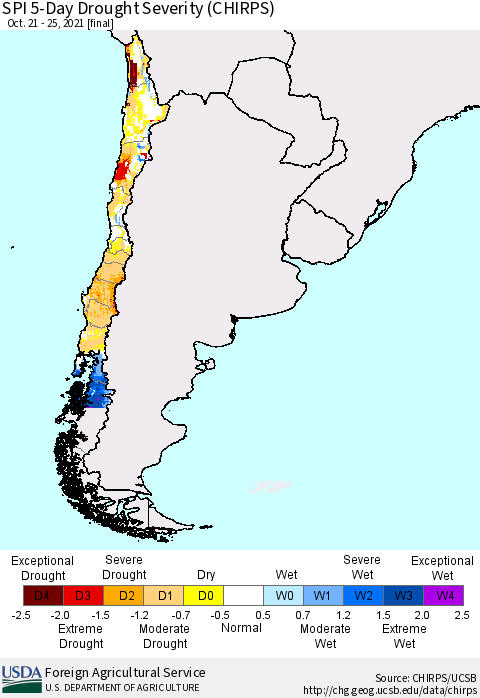 Chile SPI 5-Day Drought Severity (CHIRPS) Thematic Map For 10/21/2021 - 10/25/2021