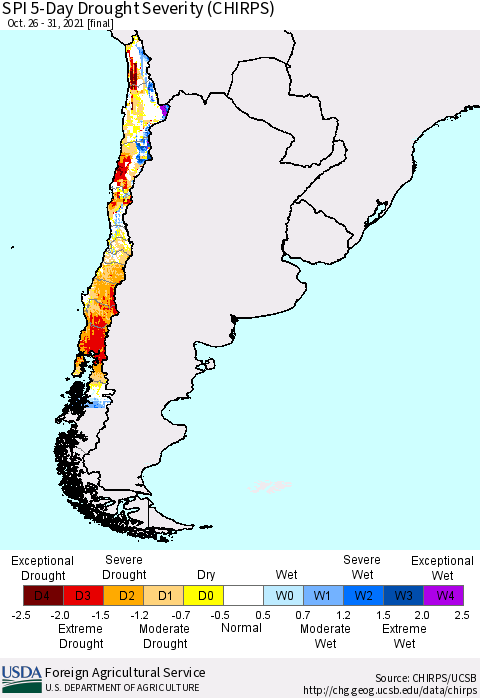 Chile SPI 5-Day Drought Severity (CHIRPS) Thematic Map For 10/26/2021 - 10/31/2021