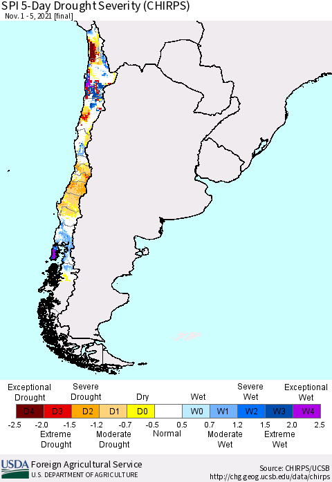 Chile SPI 5-Day Drought Severity (CHIRPS) Thematic Map For 11/1/2021 - 11/5/2021