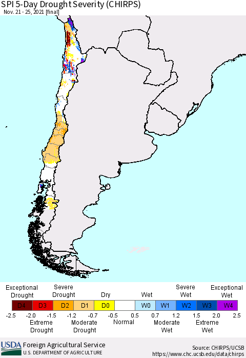 Chile SPI 5-Day Drought Severity (CHIRPS) Thematic Map For 11/21/2021 - 11/25/2021