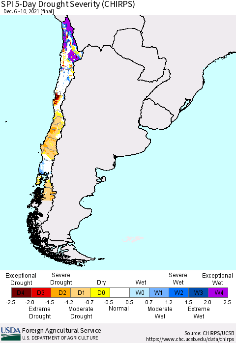 Chile SPI 5-Day Drought Severity (CHIRPS) Thematic Map For 12/6/2021 - 12/10/2021