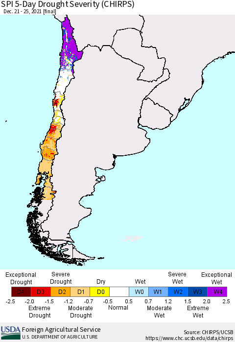 Chile SPI 5-Day Drought Severity (CHIRPS) Thematic Map For 12/21/2021 - 12/25/2021
