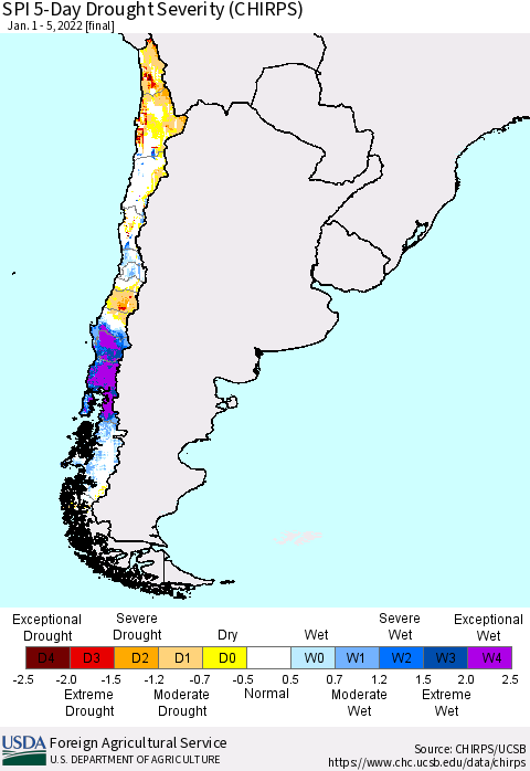 Chile SPI 5-Day Drought Severity (CHIRPS) Thematic Map For 1/1/2022 - 1/5/2022