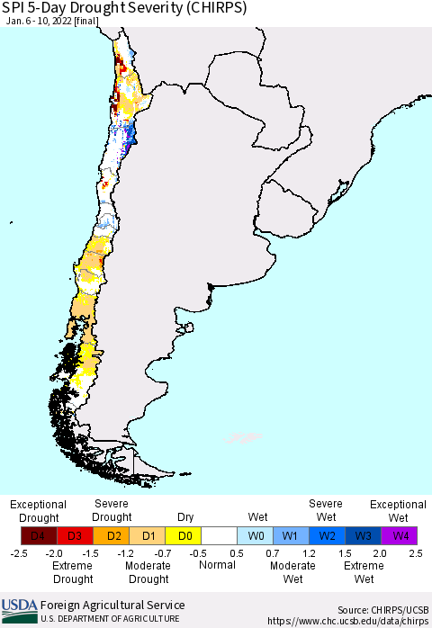 Chile SPI 5-Day Drought Severity (CHIRPS) Thematic Map For 1/6/2022 - 1/10/2022