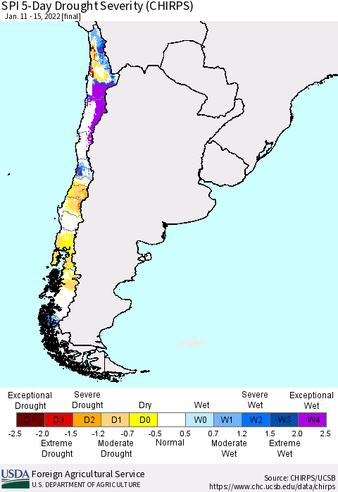 Chile SPI 5-Day Drought Severity (CHIRPS) Thematic Map For 1/11/2022 - 1/15/2022