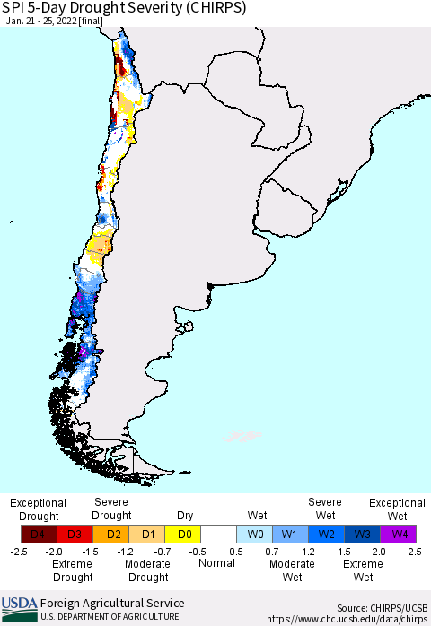 Chile SPI 5-Day Drought Severity (CHIRPS) Thematic Map For 1/21/2022 - 1/25/2022