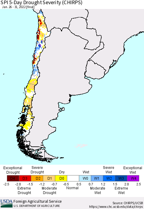 Chile SPI 5-Day Drought Severity (CHIRPS) Thematic Map For 1/26/2022 - 1/31/2022