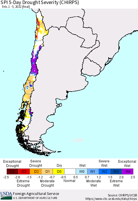 Chile SPI 5-Day Drought Severity (CHIRPS) Thematic Map For 2/1/2022 - 2/5/2022