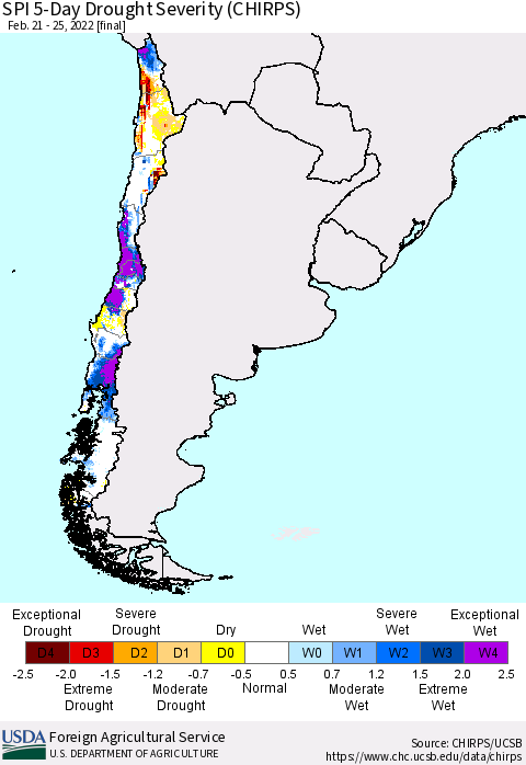 Chile SPI 5-Day Drought Severity (CHIRPS) Thematic Map For 2/21/2022 - 2/25/2022