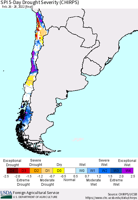 Chile SPI 5-Day Drought Severity (CHIRPS) Thematic Map For 2/26/2022 - 2/28/2022