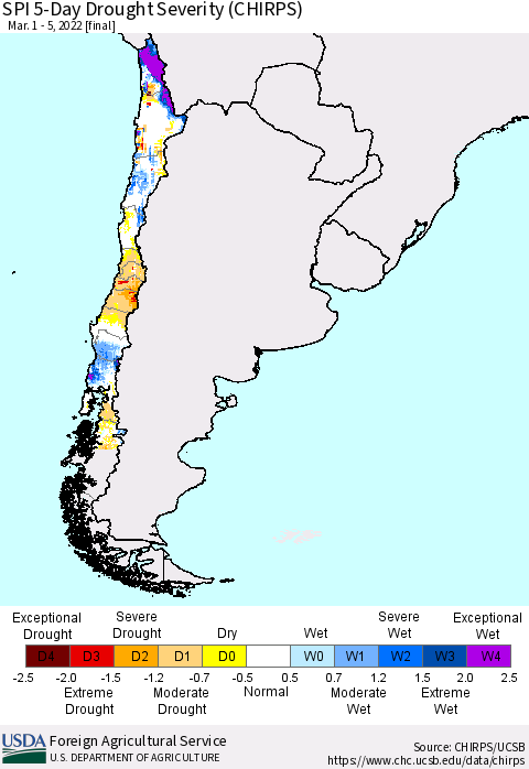 Chile SPI 5-Day Drought Severity (CHIRPS) Thematic Map For 3/1/2022 - 3/5/2022