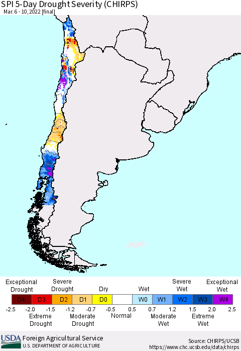 Chile SPI 5-Day Drought Severity (CHIRPS) Thematic Map For 3/6/2022 - 3/10/2022