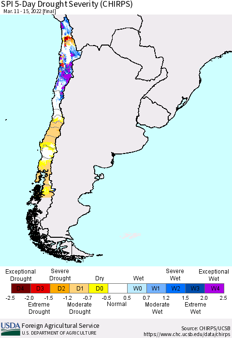 Chile SPI 5-Day Drought Severity (CHIRPS) Thematic Map For 3/11/2022 - 3/15/2022