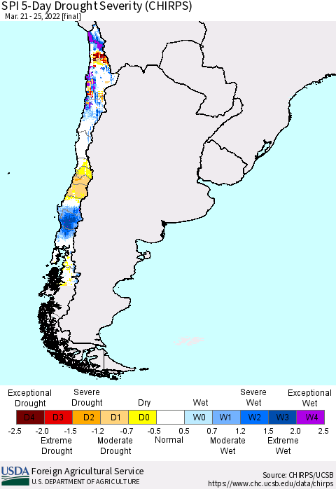 Chile SPI 5-Day Drought Severity (CHIRPS) Thematic Map For 3/21/2022 - 3/25/2022