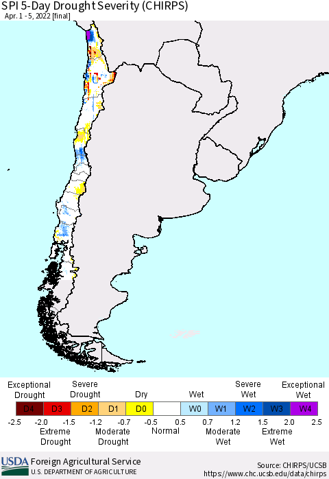 Chile SPI 5-Day Drought Severity (CHIRPS) Thematic Map For 4/1/2022 - 4/5/2022