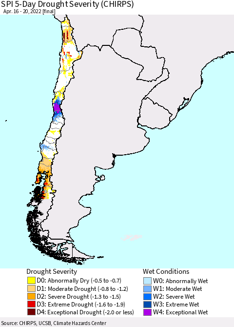 Chile SPI 5-Day Drought Severity (CHIRPS) Thematic Map For 4/16/2022 - 4/20/2022