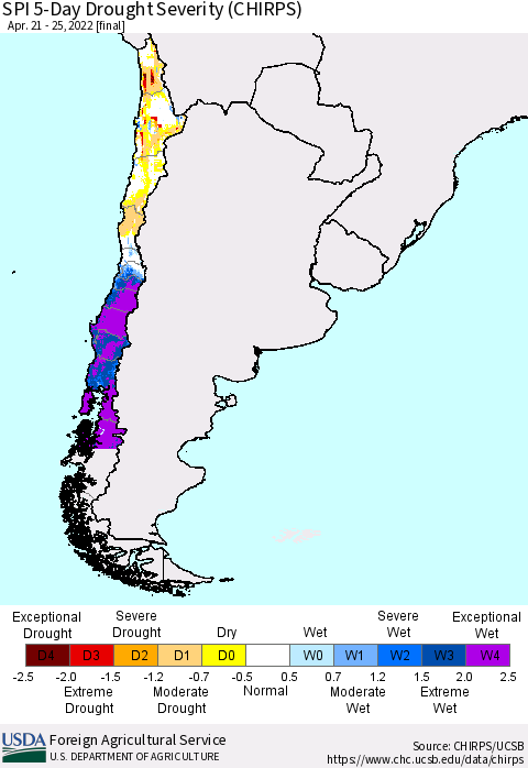 Chile SPI 5-Day Drought Severity (CHIRPS) Thematic Map For 4/21/2022 - 4/25/2022