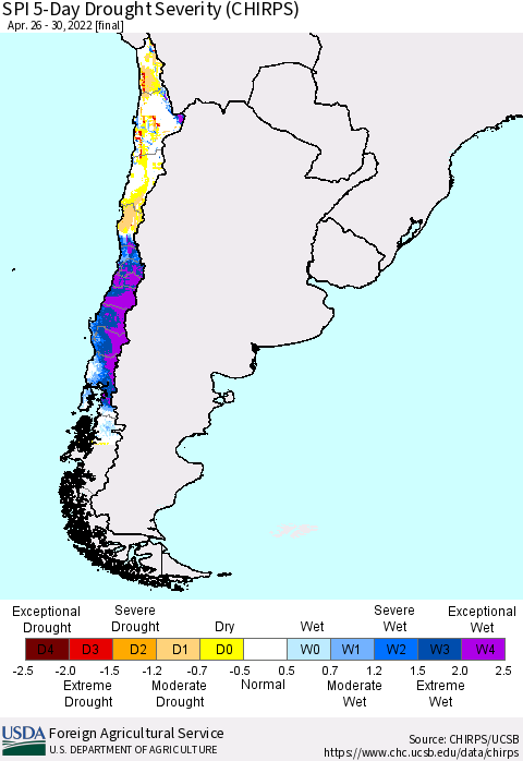 Chile SPI 5-Day Drought Severity (CHIRPS) Thematic Map For 4/26/2022 - 4/30/2022