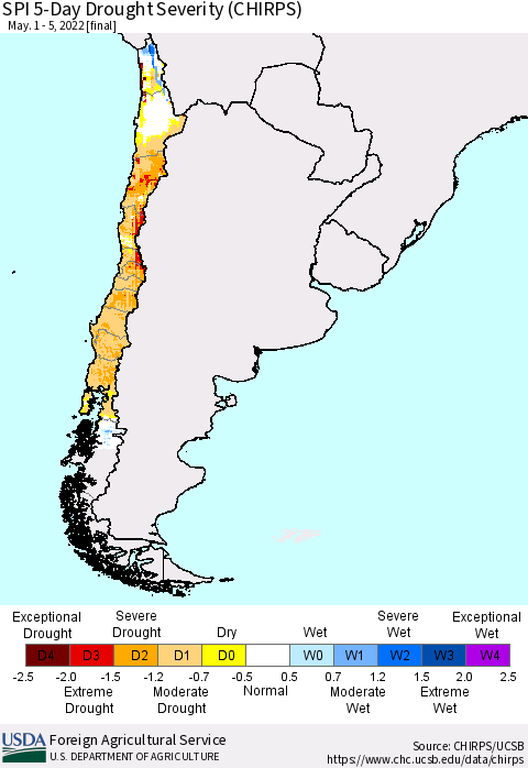 Chile SPI 5-Day Drought Severity (CHIRPS) Thematic Map For 5/1/2022 - 5/5/2022