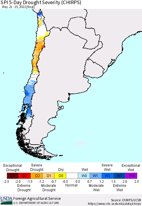 Chile SPI 5-Day Drought Severity (CHIRPS) Thematic Map For 5/21/2022 - 5/25/2022