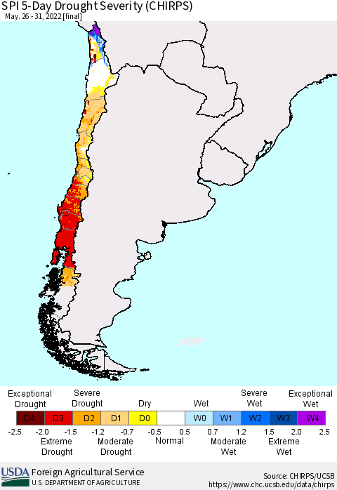 Chile SPI 5-Day Drought Severity (CHIRPS) Thematic Map For 5/26/2022 - 5/31/2022