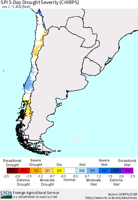 Chile SPI 5-Day Drought Severity (CHIRPS) Thematic Map For 6/1/2022 - 6/5/2022