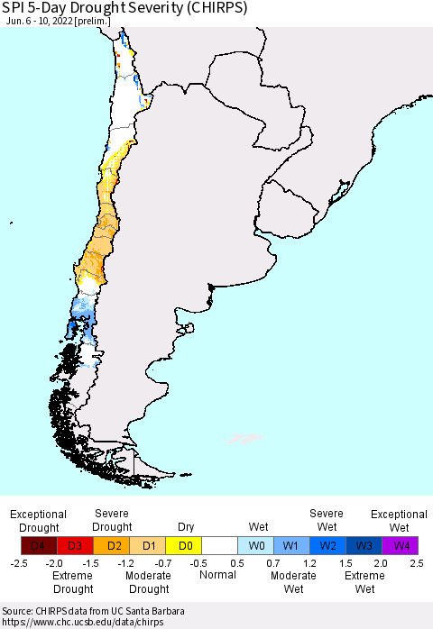Chile SPI 5-Day Drought Severity (CHIRPS) Thematic Map For 6/6/2022 - 6/10/2022