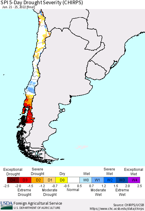 Chile SPI 5-Day Drought Severity (CHIRPS) Thematic Map For 6/21/2022 - 6/25/2022