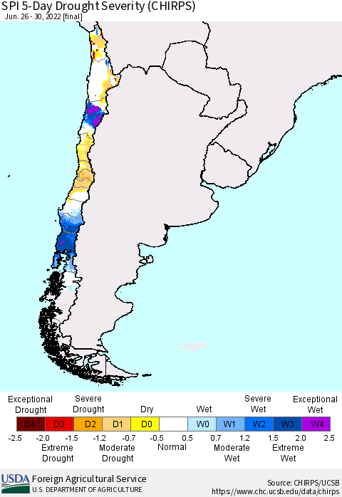 Chile SPI 5-Day Drought Severity (CHIRPS) Thematic Map For 6/26/2022 - 6/30/2022
