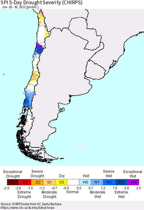 Chile SPI 5-Day Drought Severity (CHIRPS) Thematic Map For 6/26/2022 - 6/30/2022