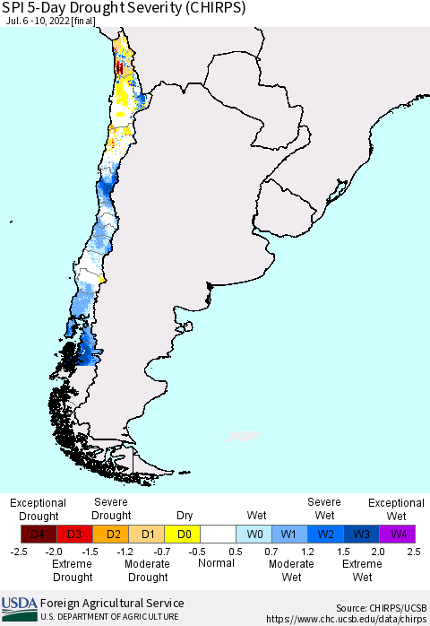 Chile SPI 5-Day Drought Severity (CHIRPS) Thematic Map For 7/6/2022 - 7/10/2022