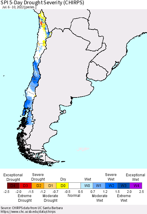 Chile SPI 5-Day Drought Severity (CHIRPS) Thematic Map For 7/6/2022 - 7/10/2022