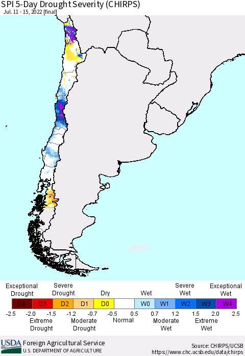 Chile SPI 5-Day Drought Severity (CHIRPS) Thematic Map For 7/11/2022 - 7/15/2022