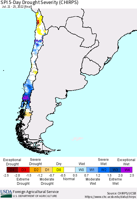 Chile SPI 5-Day Drought Severity (CHIRPS) Thematic Map For 7/21/2022 - 7/25/2022