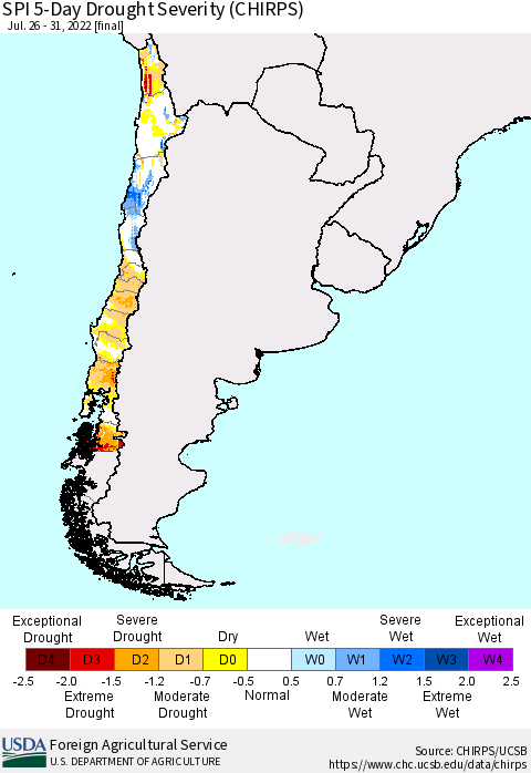 Chile SPI 5-Day Drought Severity (CHIRPS) Thematic Map For 7/26/2022 - 7/31/2022