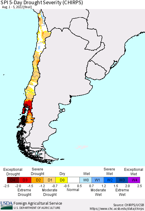 Chile SPI 5-Day Drought Severity (CHIRPS) Thematic Map For 8/1/2022 - 8/5/2022