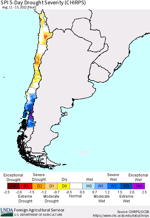 Chile SPI 5-Day Drought Severity (CHIRPS) Thematic Map For 8/11/2022 - 8/15/2022