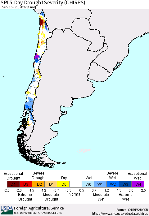 Chile SPI 5-Day Drought Severity (CHIRPS) Thematic Map For 9/16/2022 - 9/20/2022