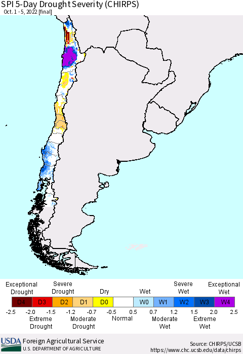 Chile SPI 5-Day Drought Severity (CHIRPS) Thematic Map For 10/1/2022 - 10/5/2022