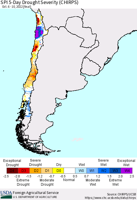 Chile SPI 5-Day Drought Severity (CHIRPS) Thematic Map For 10/6/2022 - 10/10/2022